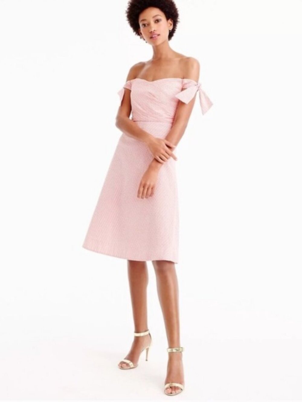 J.Crew Off The Shoulder Seersucker Pink Stripe A-Line Midi Dress 8
